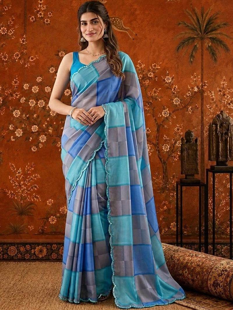Multicolor colourblocked mirror work satin saree