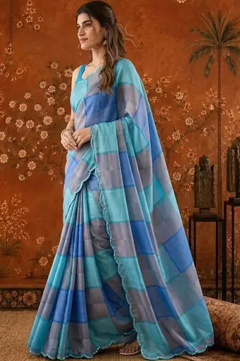 Multicolor colourblocked mirror work satin saree