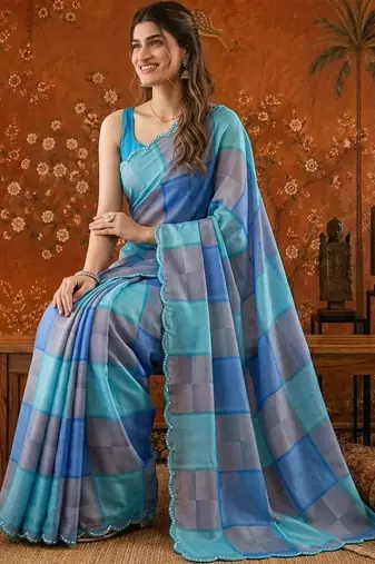 Multicolor colourblocked mirror work satin saree