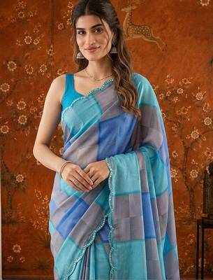 Multicolor colourblocked mirror work satin saree 4