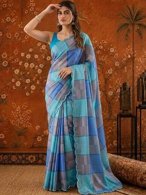 Multicolor colourblocked mirror work satin saree 5