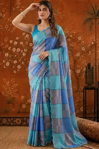 Multicolor colourblocked mirror work satin saree