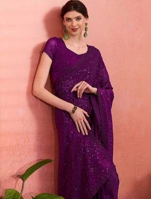 Purple ethnic embroidered festive wear saree with matching blouse 2