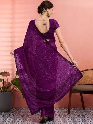 Purple ethnic embroidered festive wear saree with matching blouse 3