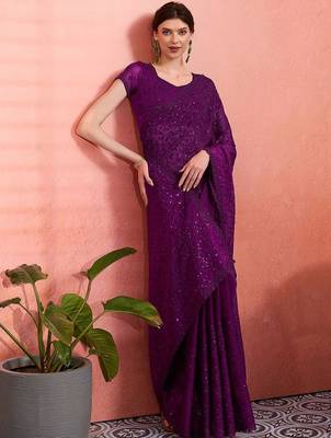 Purple ethnic embroidered festive wear saree with matching blouse 4