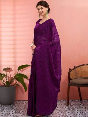 Purple ethnic embroidered festive wear saree with matching blouse 5