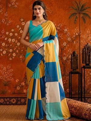 Multicolor colourblocked mirror work satin saree 1