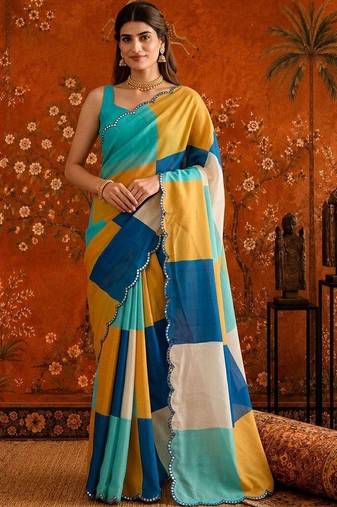 Multicolor colourblocked mirror work satin saree