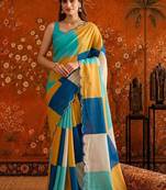 Multicolor colourblocked mirror work satin saree