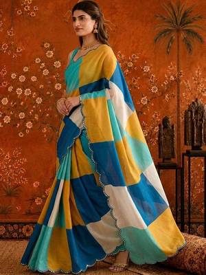 Multicolor colourblocked mirror work satin saree 2