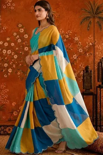 Multicolor colourblocked mirror work satin saree