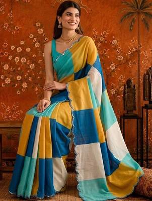 Multicolor colourblocked mirror work satin saree 3
