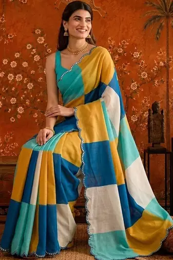 Multicolor colourblocked mirror work satin saree