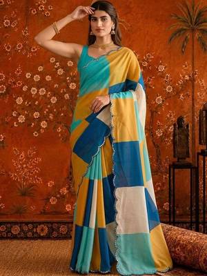 Multicolor colourblocked mirror work satin saree 4