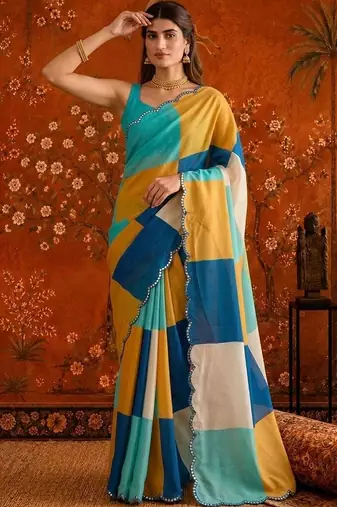 Multicolor colourblocked mirror work satin saree