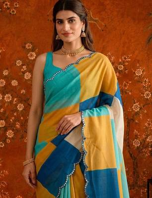 Multicolor colourblocked mirror work satin saree 5