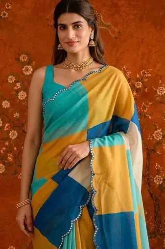 Multicolor colourblocked mirror work satin saree