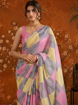 Multicolor checked mirror work satin saree 1