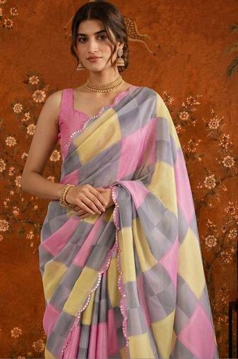 Multicolor checked mirror work satin saree