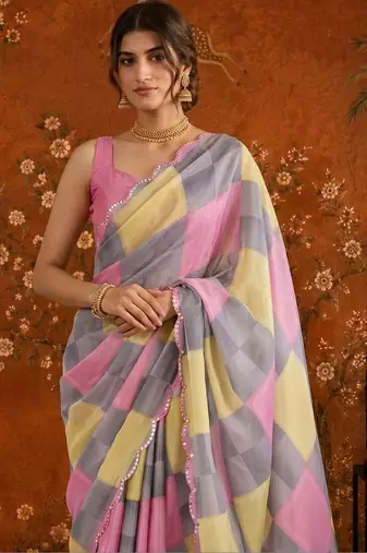 Multicolor checked mirror work satin saree