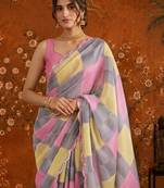 Multicolor checked mirror work satin saree