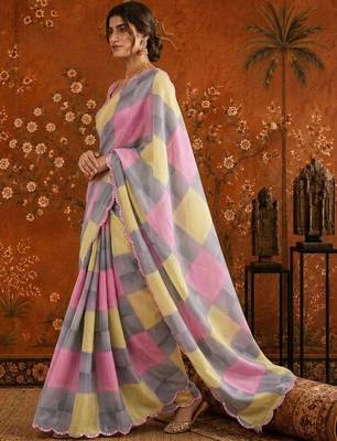 Multicolor checked mirror work satin saree 2