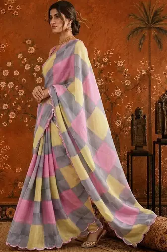 Multicolor checked mirror work satin saree