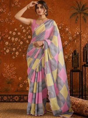 Multicolor checked mirror work satin saree 3