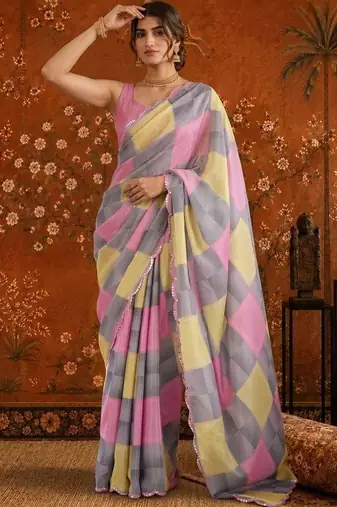 Multicolor checked mirror work satin saree