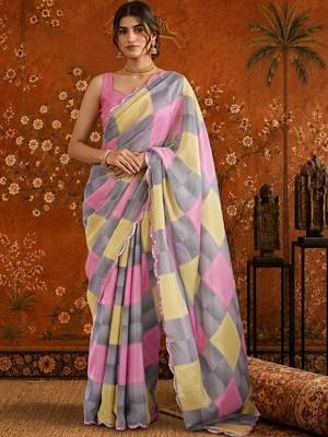 Multicolor checked mirror work satin saree 4
