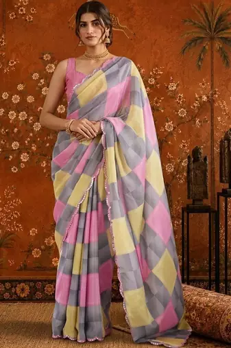 Multicolor checked mirror work satin saree