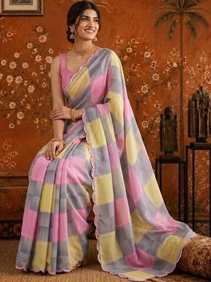 Multicolor checked mirror work satin saree 5