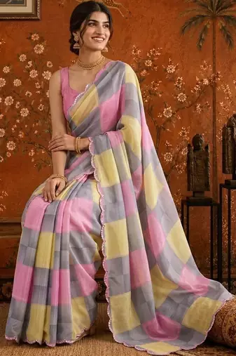 Multicolor checked mirror work satin saree
