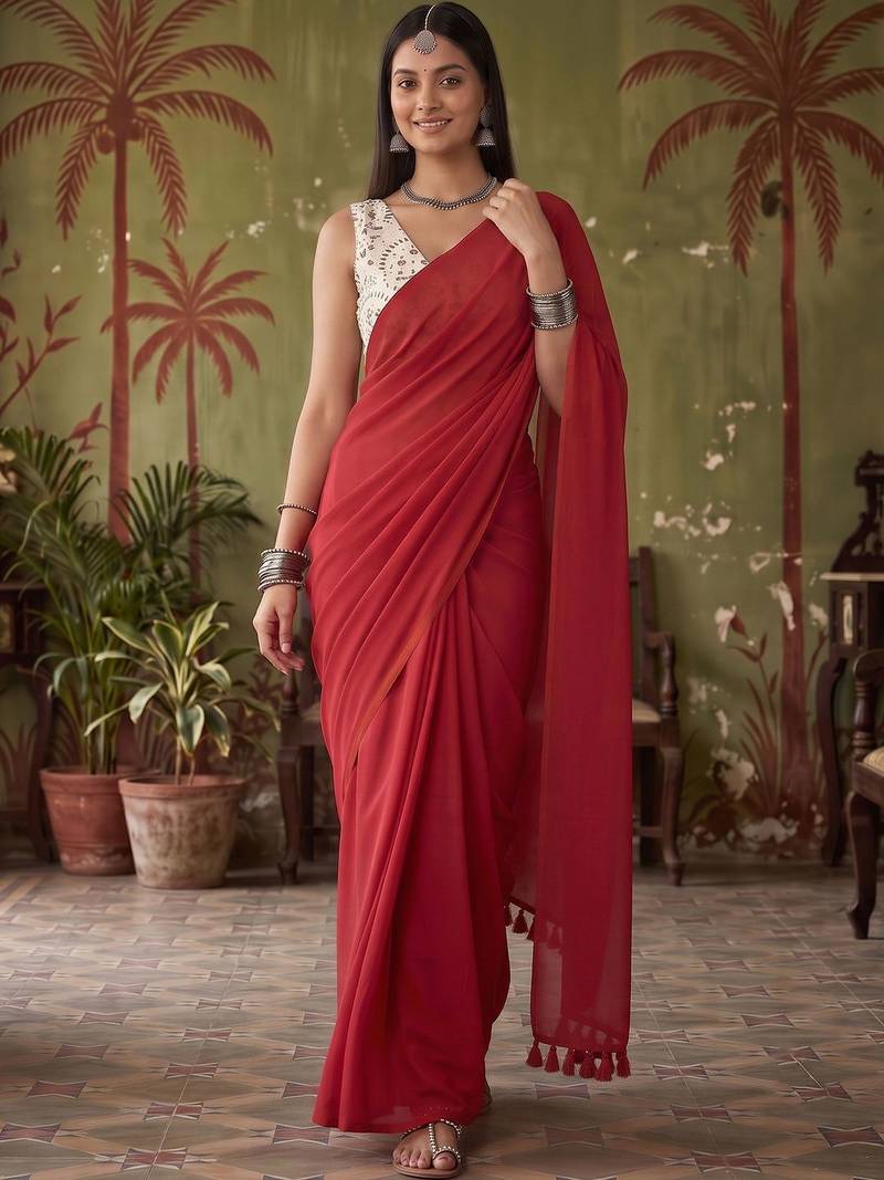 Red  cotton handloom khadi saree