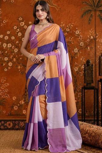 Multicolor colourblocked beads and stones satin saree