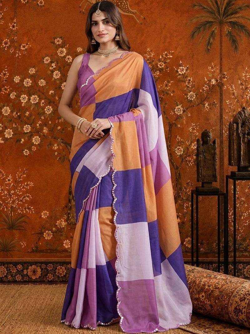 Multicolor colourblocked beads and stones satin saree