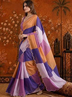 Multicolor colourblocked beads and stones satin saree 2