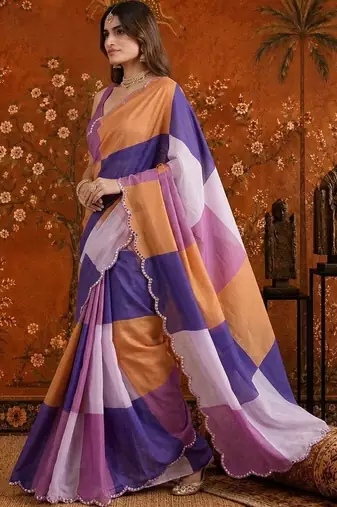 Multicolor colourblocked beads and stones satin saree