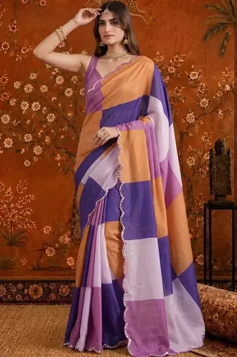 Multicolor colourblocked beads and stones satin saree