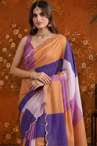 Multicolor colourblocked beads and stones satin saree