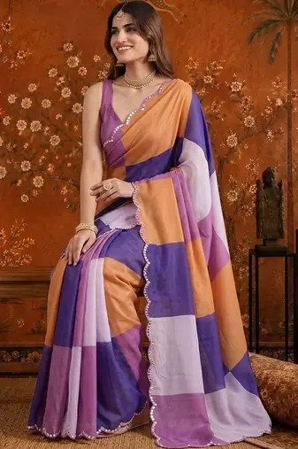 Multicolor colourblocked beads and stones satin saree