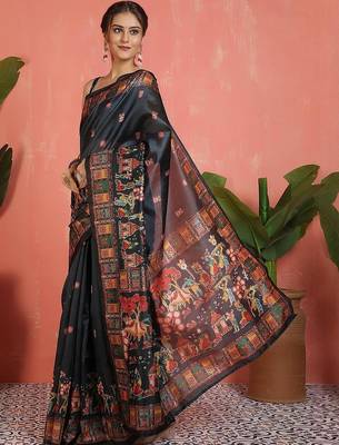 Black ethnic motifs printed saree with unstitched blouse 2
