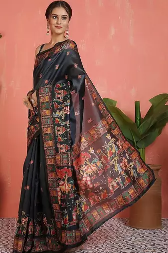 Black ethnic motifs printed saree with unstitched blouse