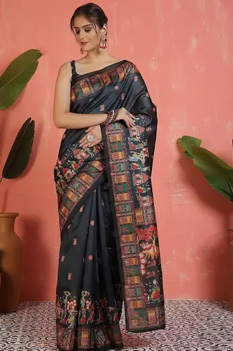 Black ethnic motifs printed saree with unstitched blouse