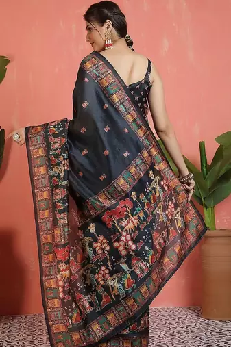 Black ethnic motifs printed saree with unstitched blouse