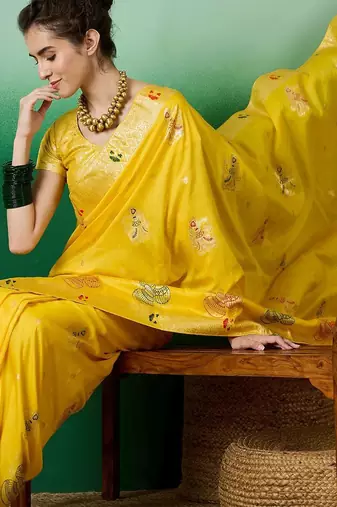 Yellow ethnic motif zari woven kanjeevaram saree with blouse