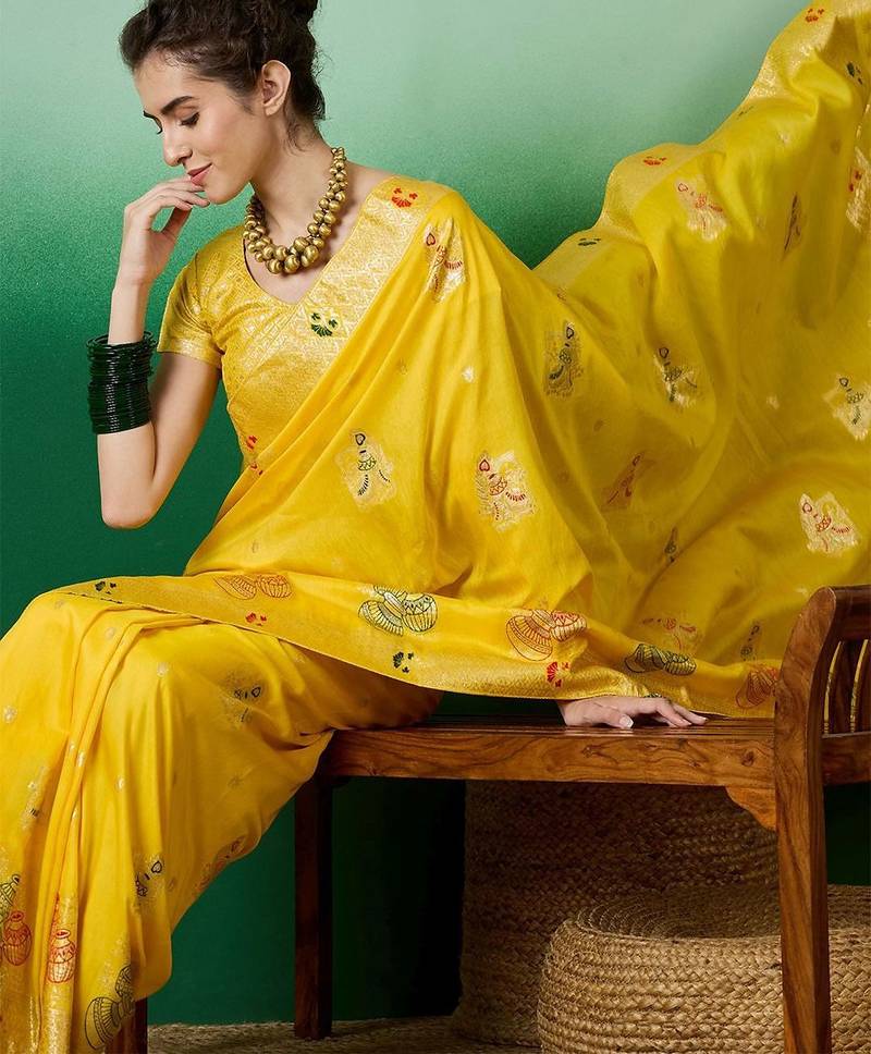 Yellow ethnic motif zari woven kanjeevaram saree with blouse