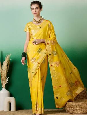 Yellow ethnic motif zari woven kanjeevaram saree with blouse 2