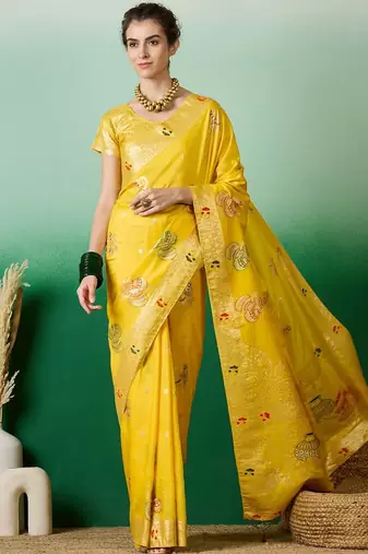 Yellow ethnic motif zari woven kanjeevaram saree with blouse