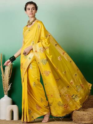 Yellow ethnic motif zari woven kanjeevaram saree with blouse 3